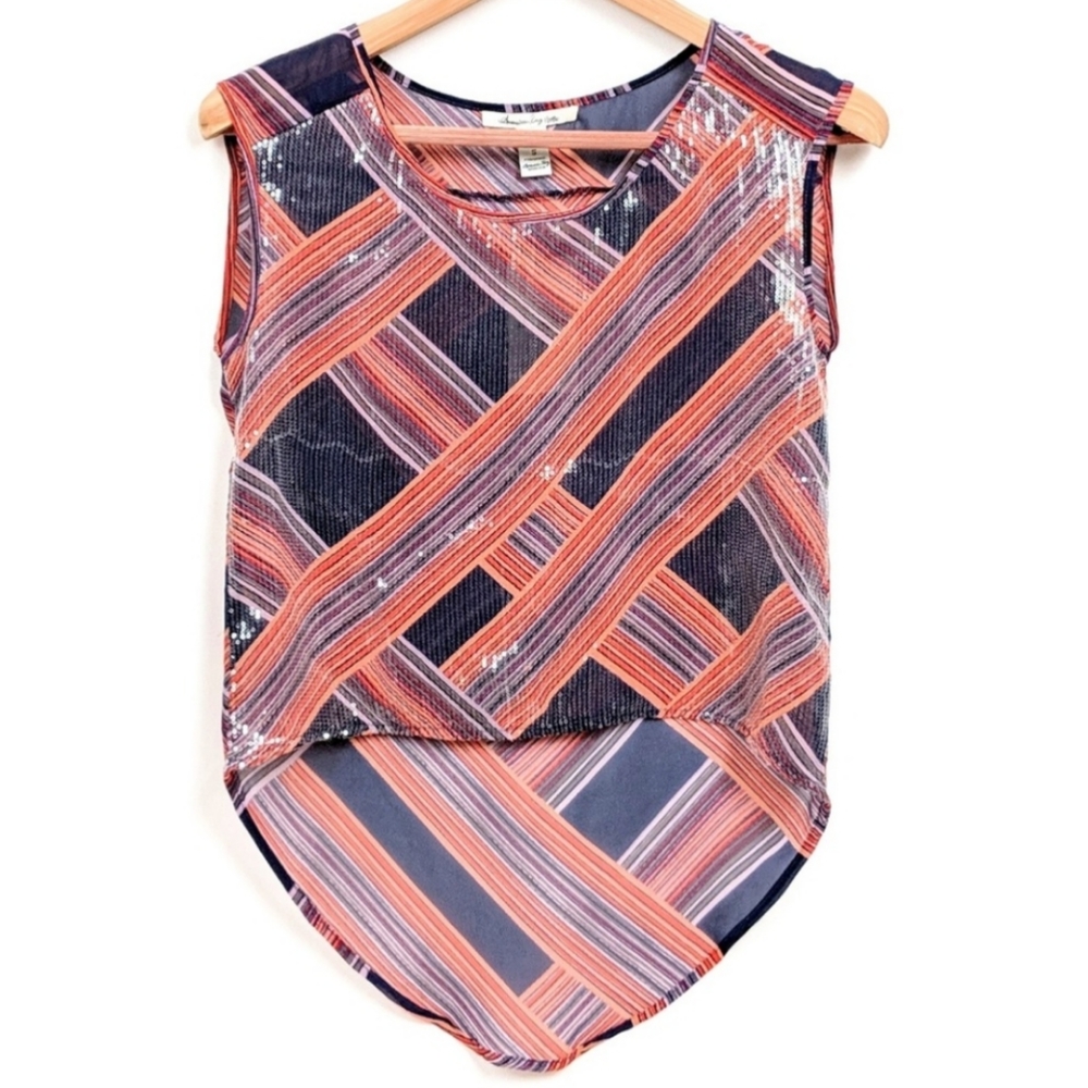 American Rag Sequinned Chiffon Tank Sleeveless Top Geometric High Low Hem S NWT